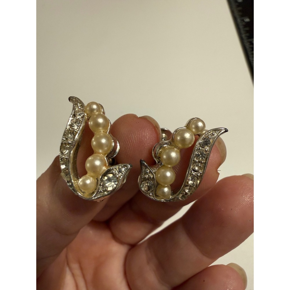 Vintage Silver Tone Faux Pearl Rhinestone Screw Back Earrings Mid Century Leaf